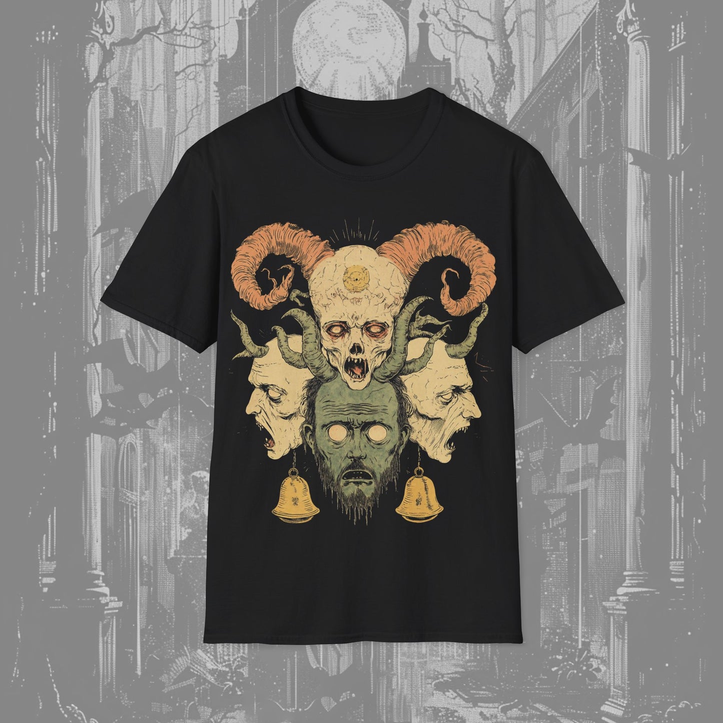 Black creepy t-shirt featuring 4 idiotic demons with bells hanging from two of them