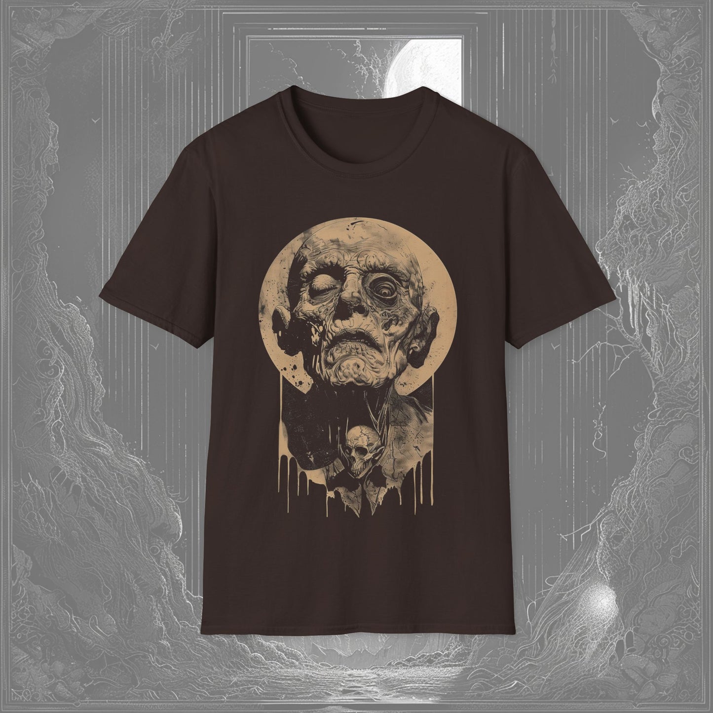 Decrepit Soul Gaze Tee with a mummy design with piercing eyes over a brown Tee, a haunting t-shirt for horror and occult fans