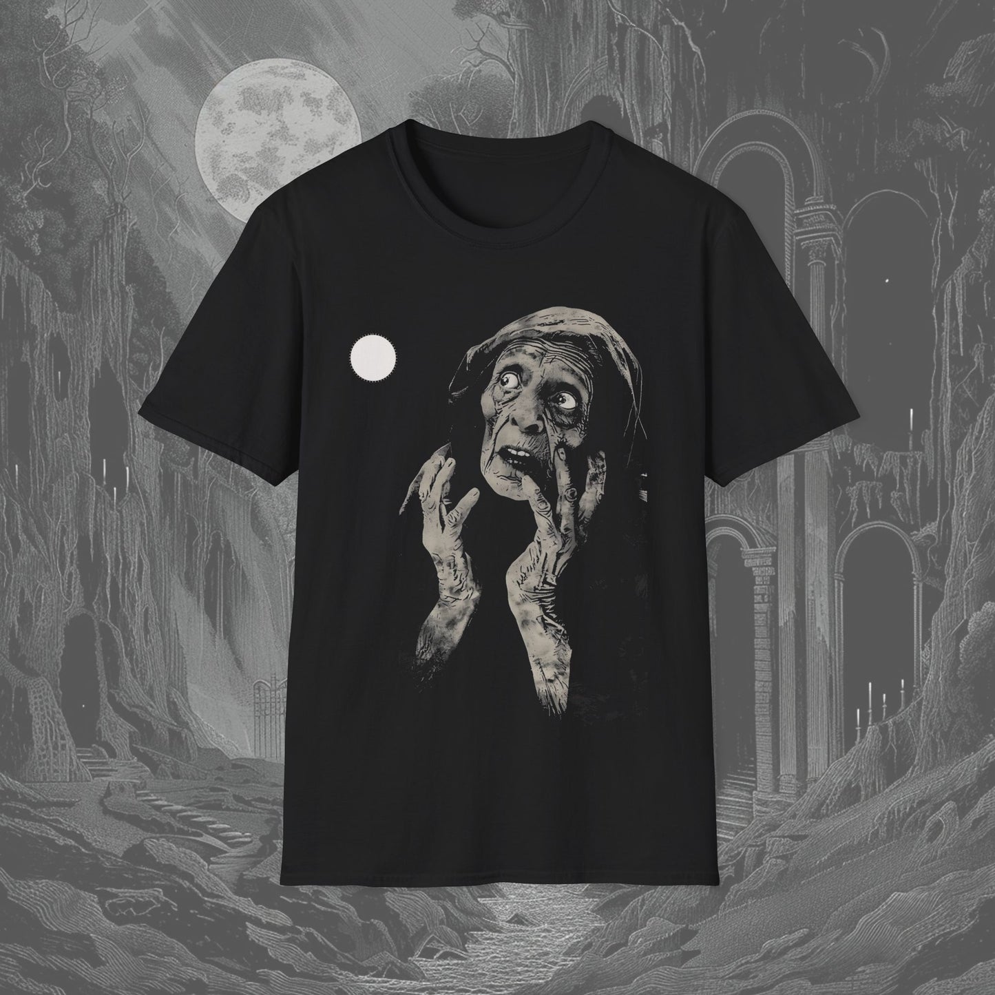 Black creepy t-shirt featuring an old, haggard witch looking up in horror at a blazing sun, her face etched with terror and mystery.