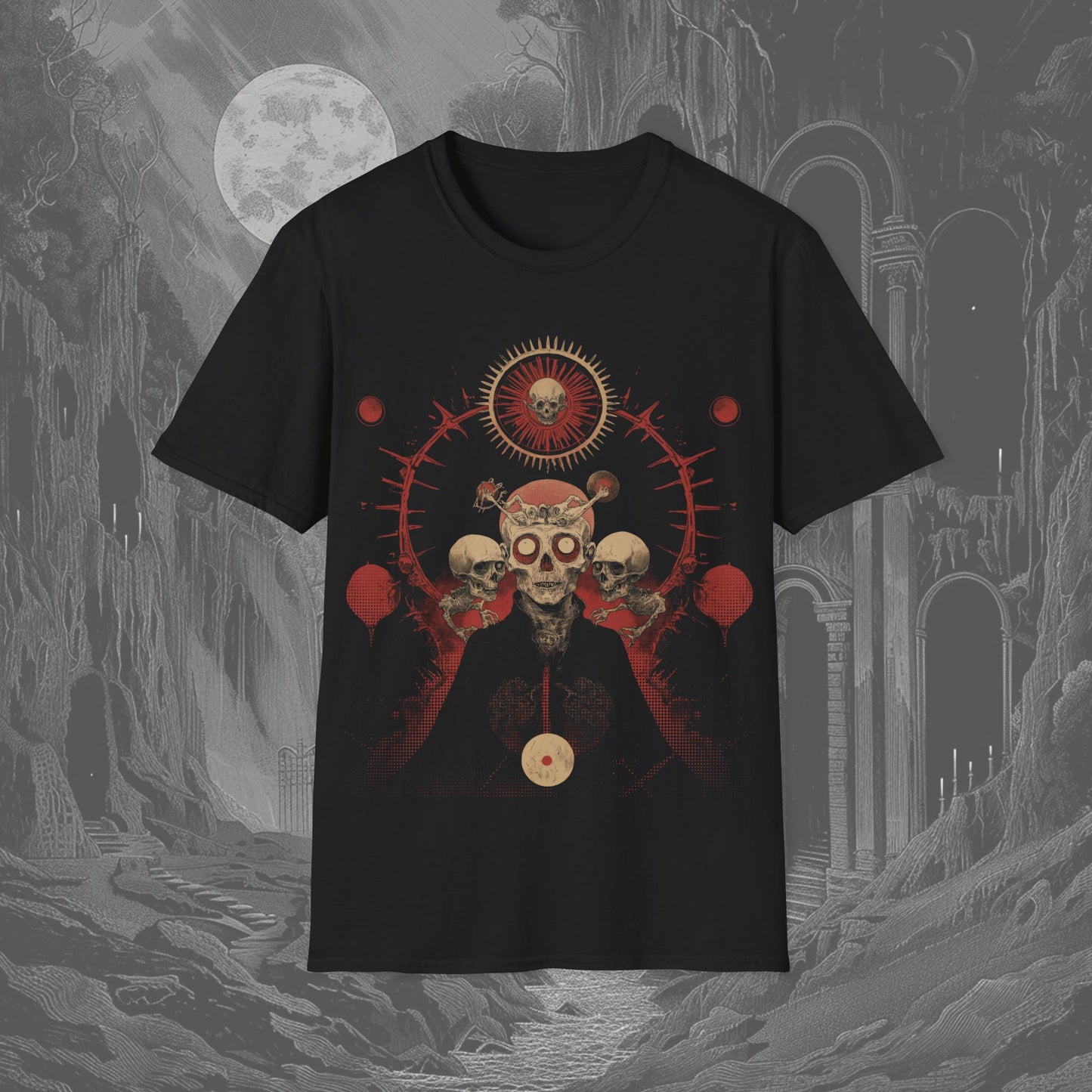 Black creepy t-shirt featuring a bizarre skull man with occult symbolism behind it