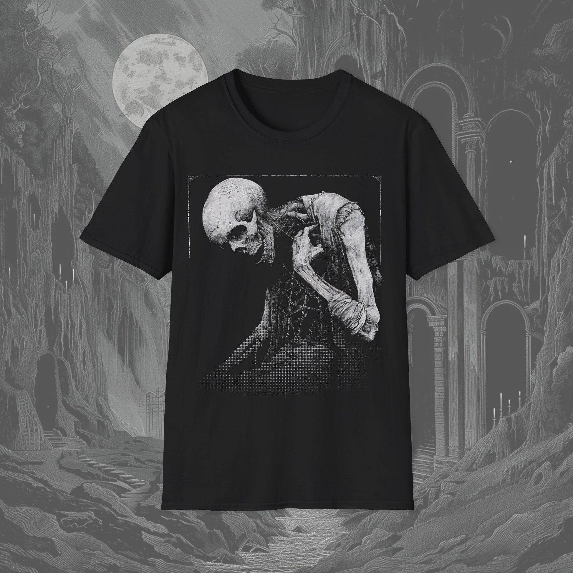 Black creepy t-shirt featuring a hunched Grim Reaper in a melancholic pose, embodying the essence of memento mori and gothic elegance.