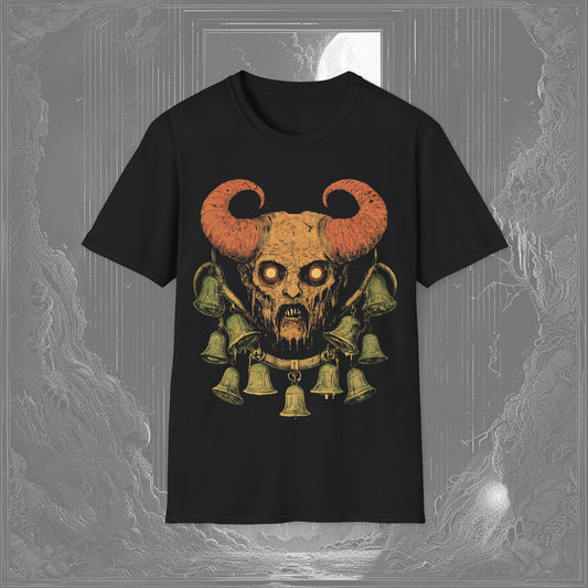 Black creepy t-shirt featuring a demon with bells hanging from its horns