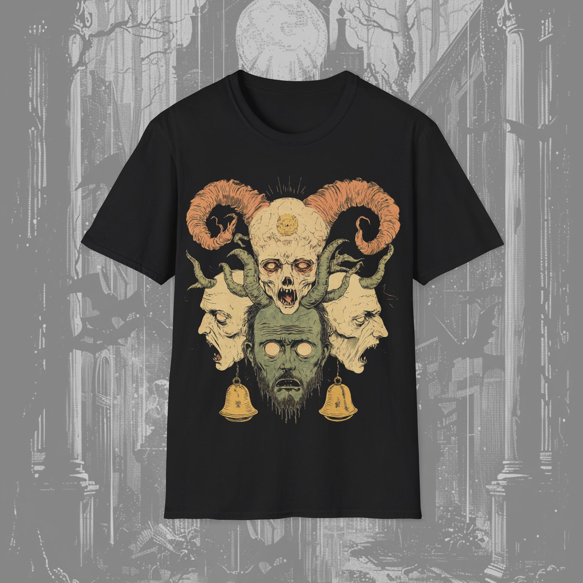 Black creepy t-shirt featuring  4 idiotic demons with bells hanging from two of them