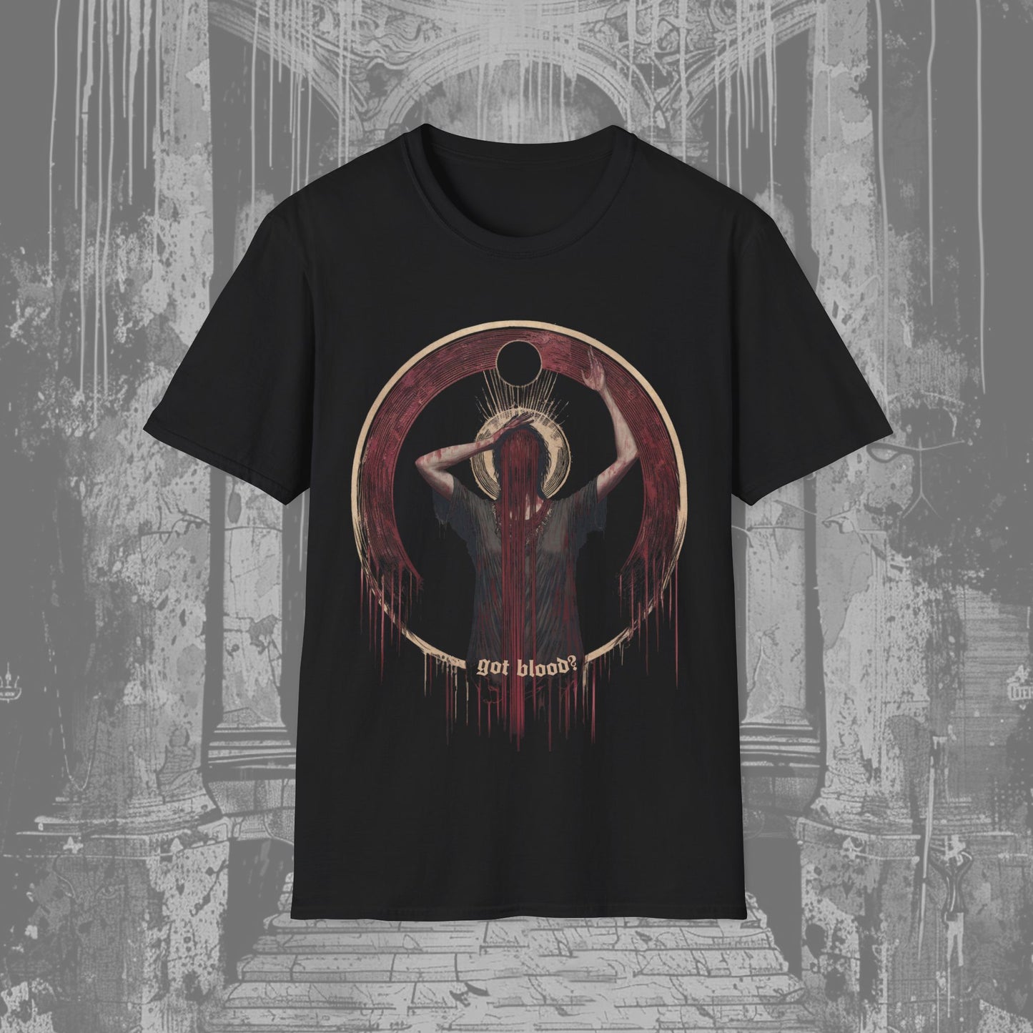 Black creepy t-shirt featuring a woman with a cascade of blood running down from her face and a sarcastic Got Blood? written at the bottom