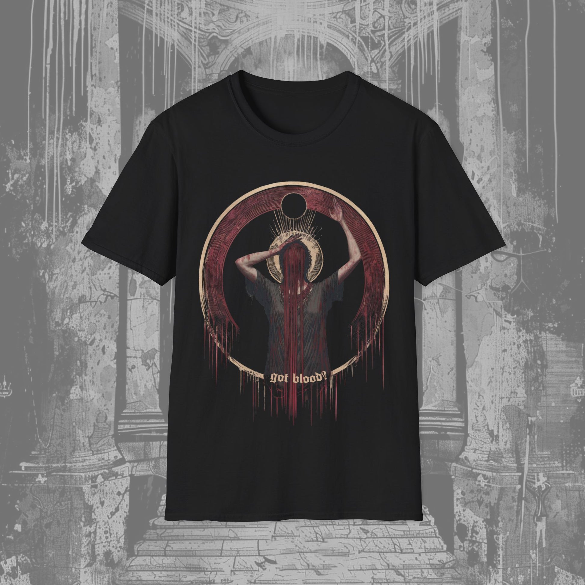 Black creepy t-shirt featuring a woman with a cascade of blood running down from her face and a sarcastic Got Blood? written at the bottom