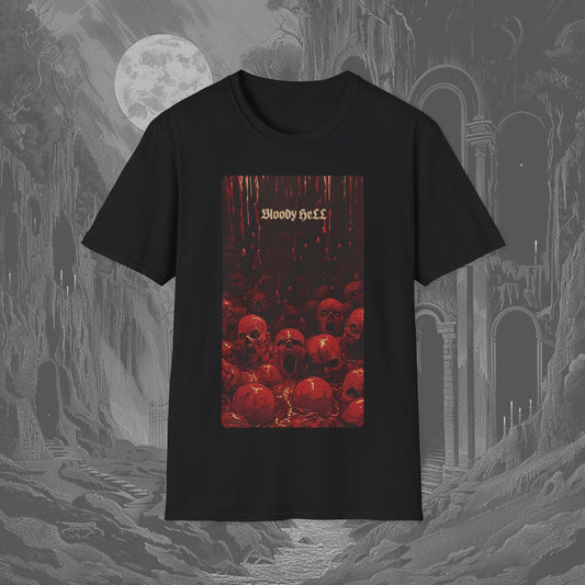 Bloody Hell Creepy Tee featuring tormented souls in pools of blood with bold gothic Bloody Hell text on a black T-shirt.