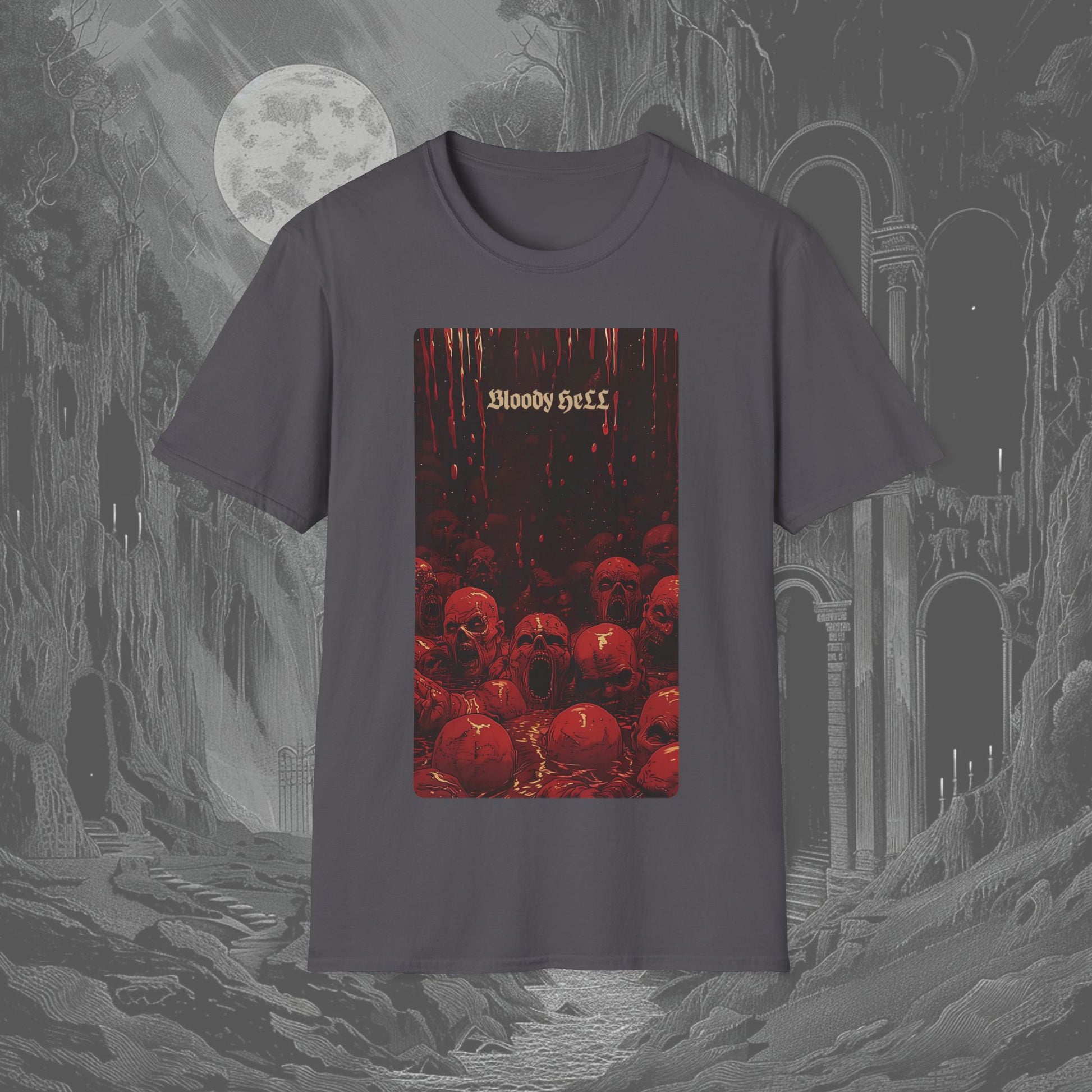 Bloody Hell Tee featuring tormented souls in pools of blood with bold gothic Bloody Hell text on a charcoal T-shirt.