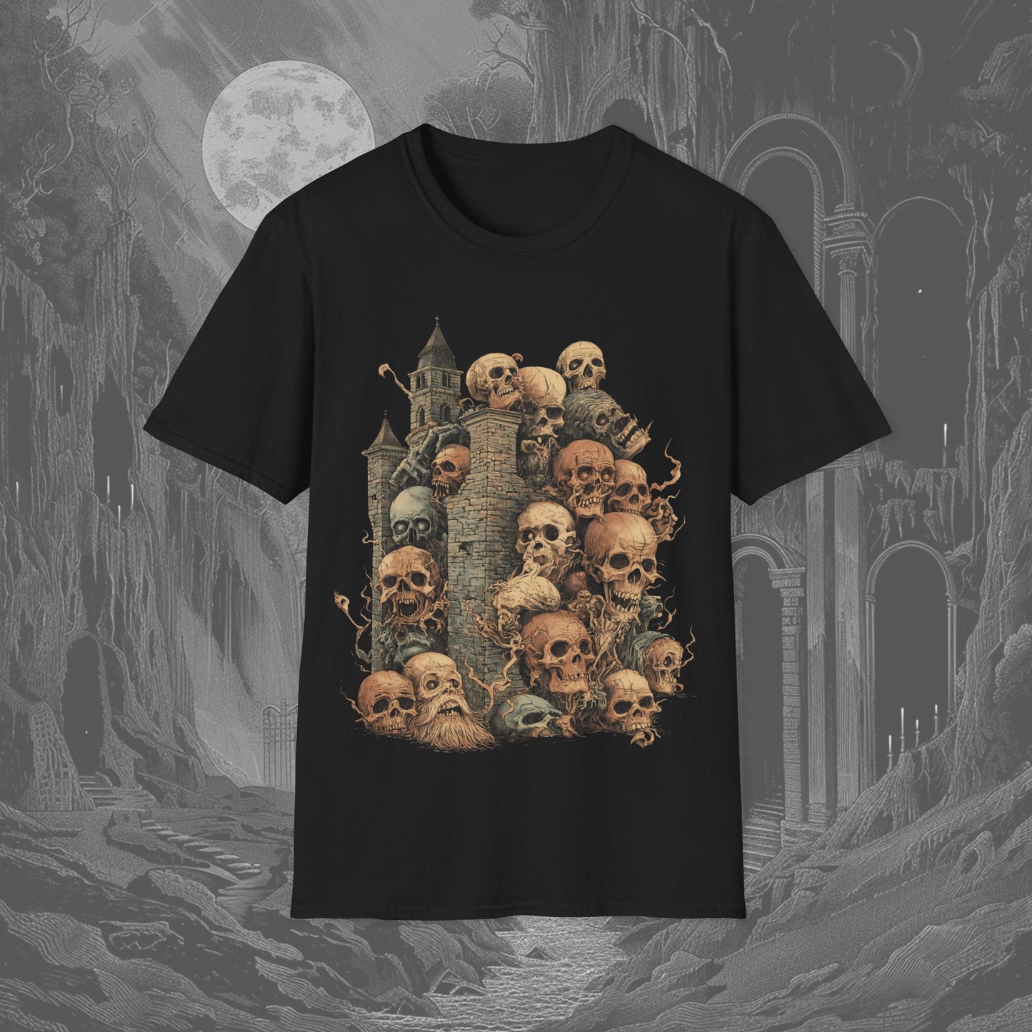 Black creepy t-shirt featuring a castle with skulls hanging from all over it.