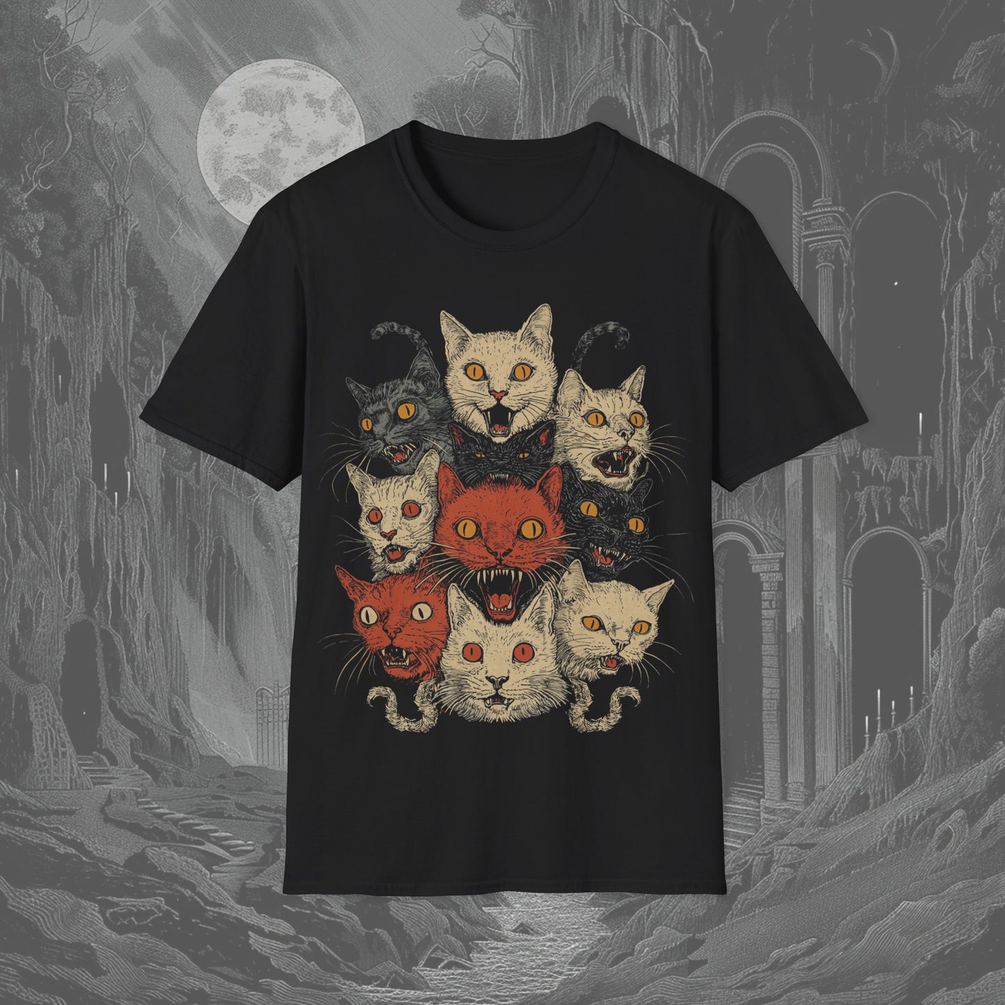 Black creepy t-shirt featuring nine cats screeching away at the viewer.