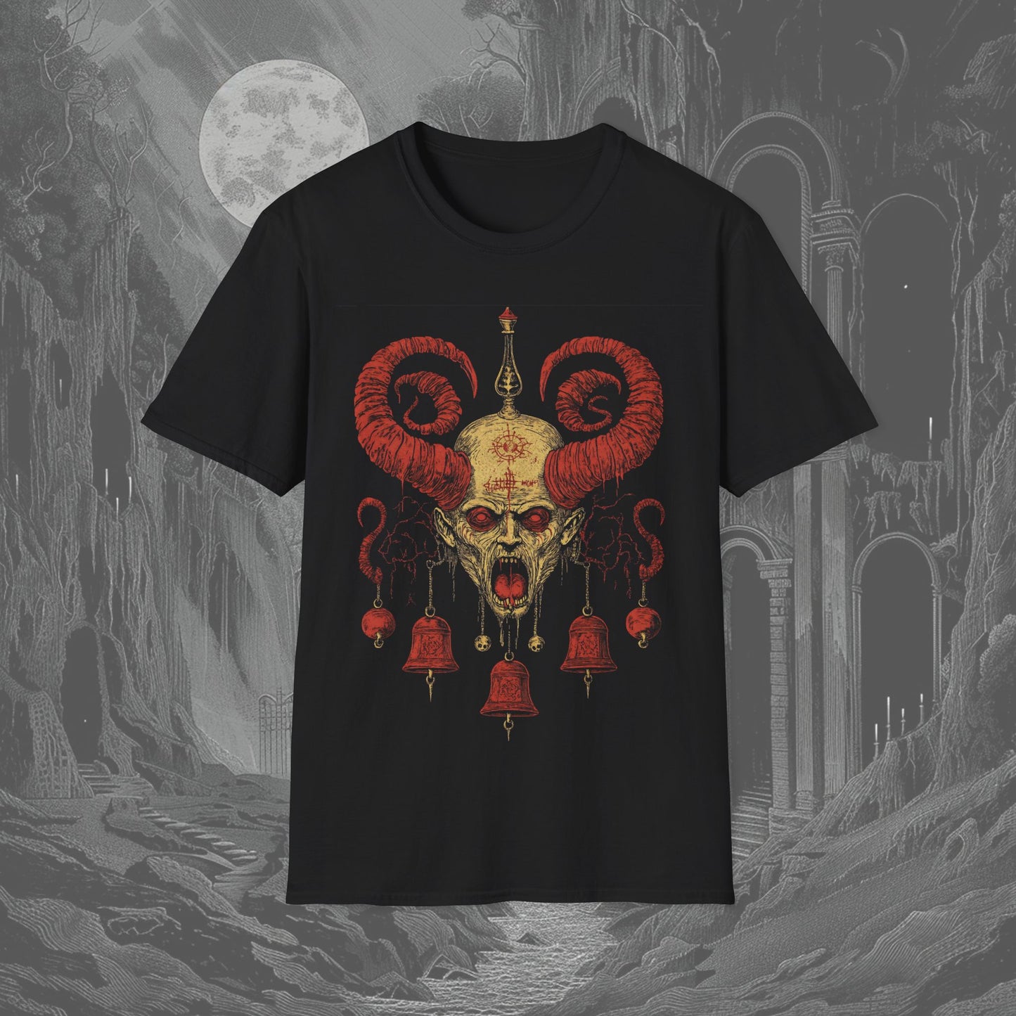 A Black Creepy Tee with a screaming demon with red horns with bells hanging from it