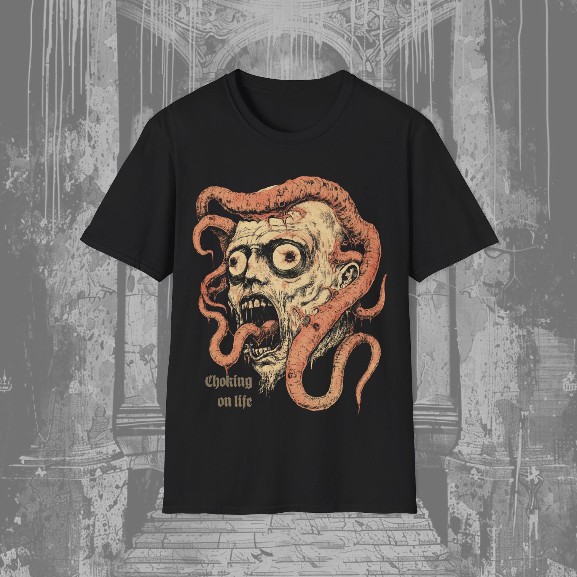 Black creepy t-shirt featuring a head being stranggled by bizarre tentacles with a quote at the bottom that says Choking On Life