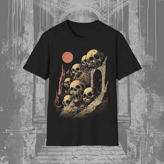 Black creepy t-shirt featuring an old ruined bridge surrounded by lauging skulls under a blood red sun