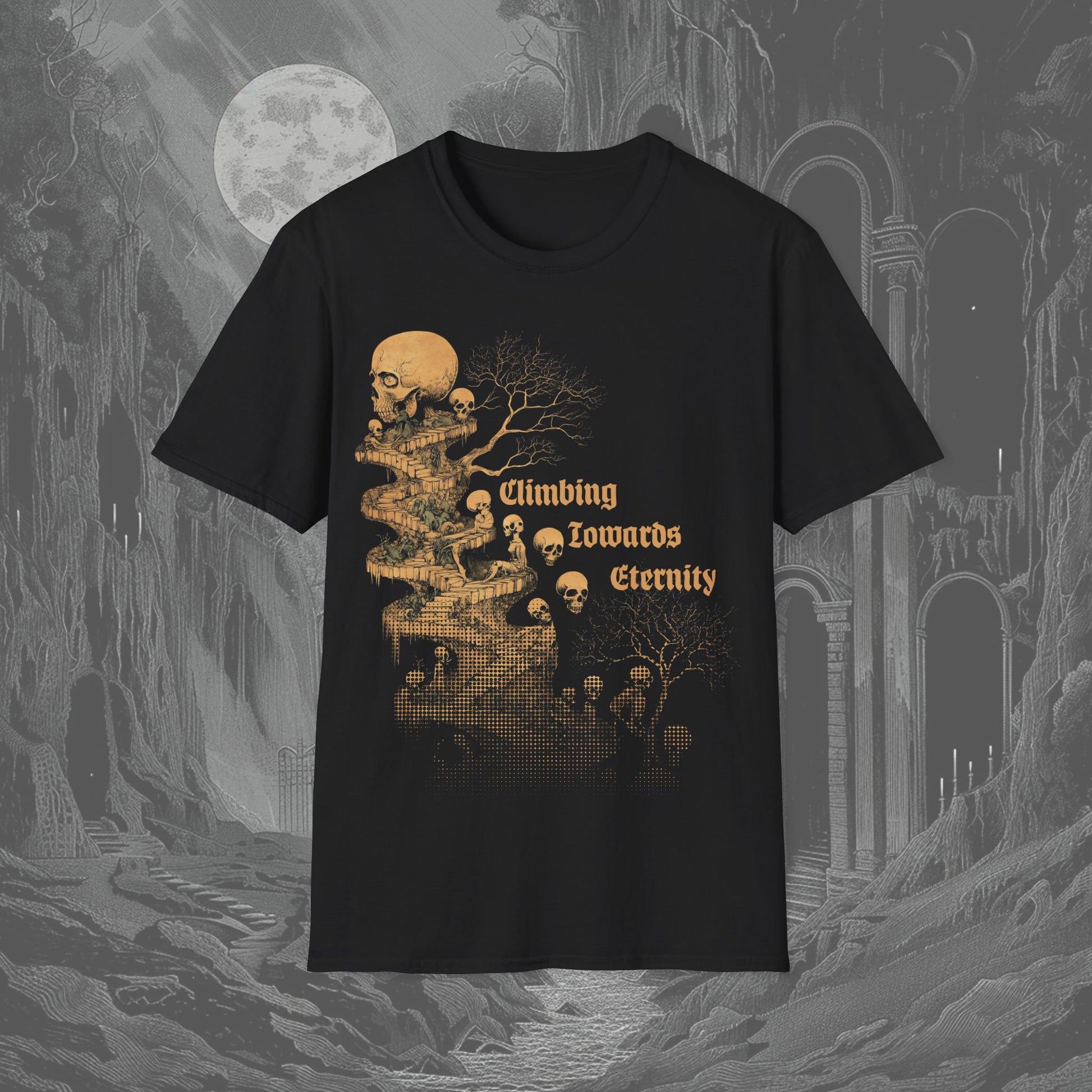 Black creepy t-shirt featuring an infinte staircase surrounded by skulls and dead trees. Climbing Towards Eternity written on the side.