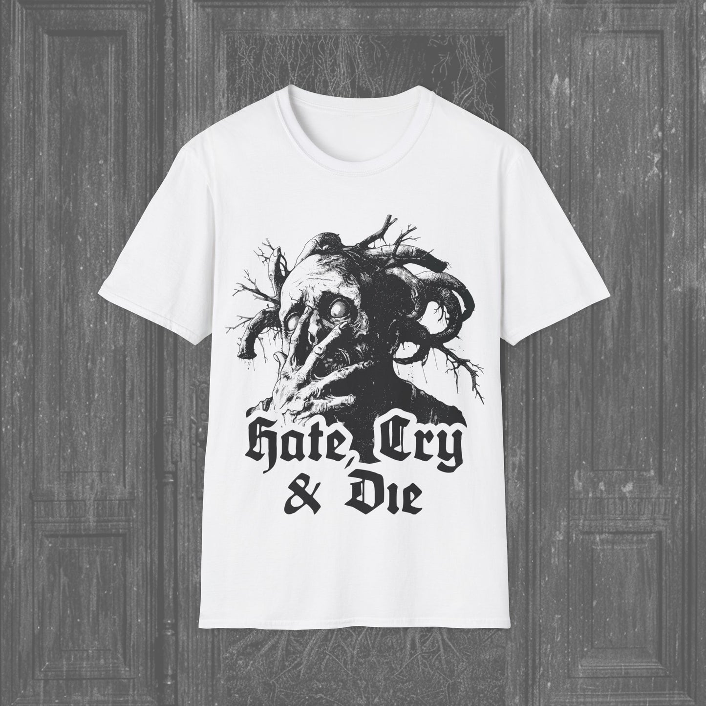 Creature of Shame Creepy T-shirt featuring a twisted figure shielding its face, symbolizing anguish and secrecy, printed on a white style tee