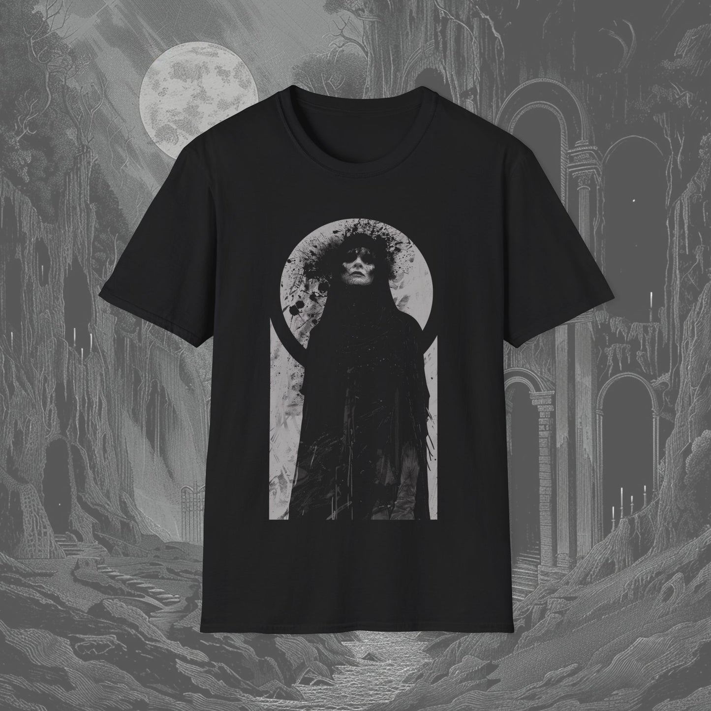 Black gothic t-shirt depicting a dark witch in tattered robes, staring defiantly with two geometric holy shapes behind her. Ideal for fans of dark and occult fashion