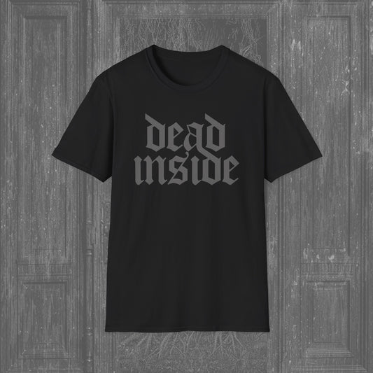 Black Creepy T-shirt with gothic gray text across the chest that reads "Dead Inside," designed for a dark, minimalistic look