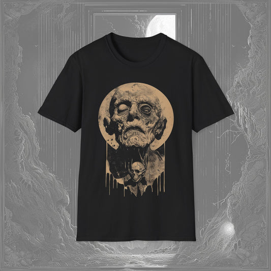 Decrepit Soul Gaze Tee with a mummy design with piercing eyes in Black, a haunting t-shirt for horror and occult fans 