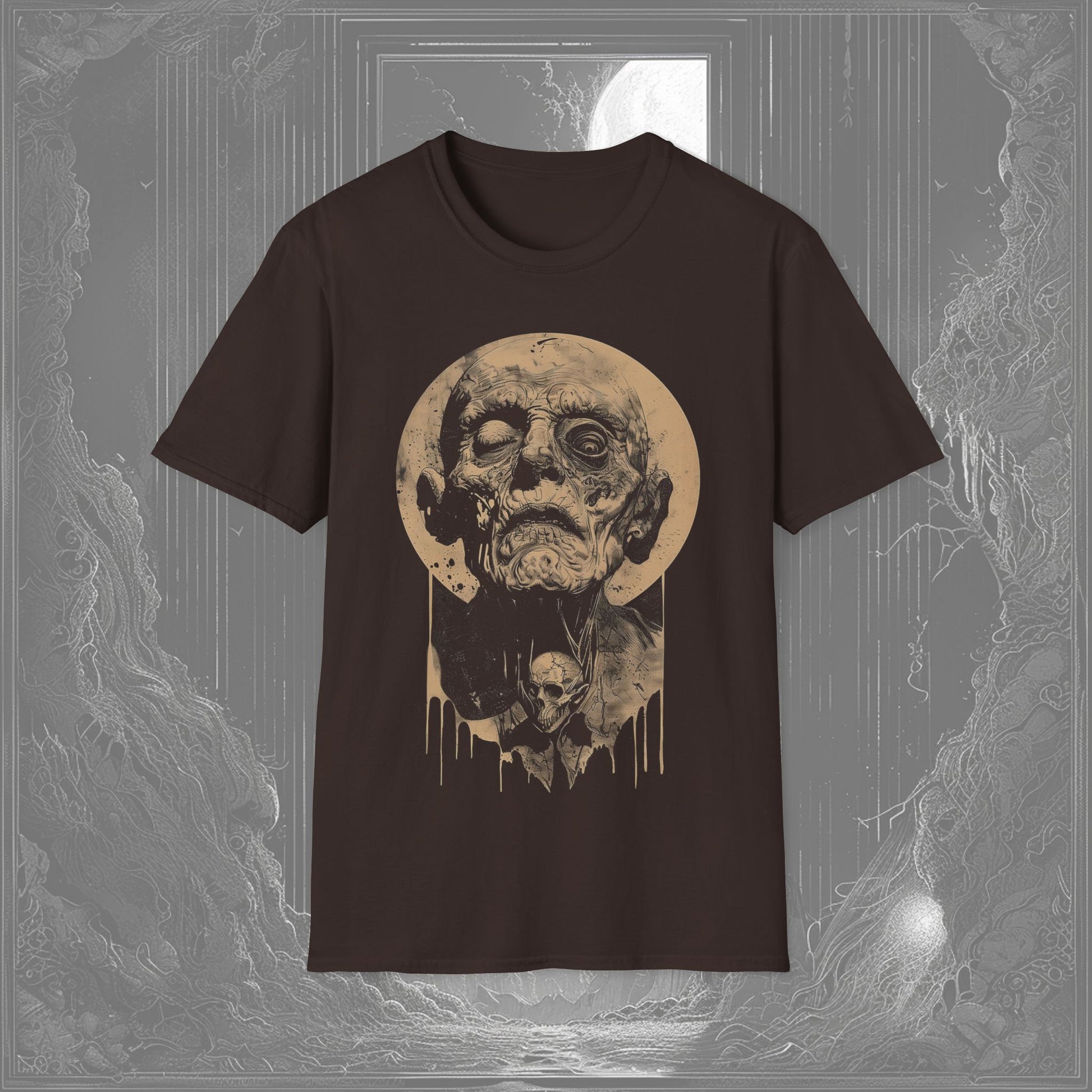 Decrepit Soul Gaze Tee with a mummy design with piercing eyes over a brown Tee, a haunting t-shirt for horror and occult fans 