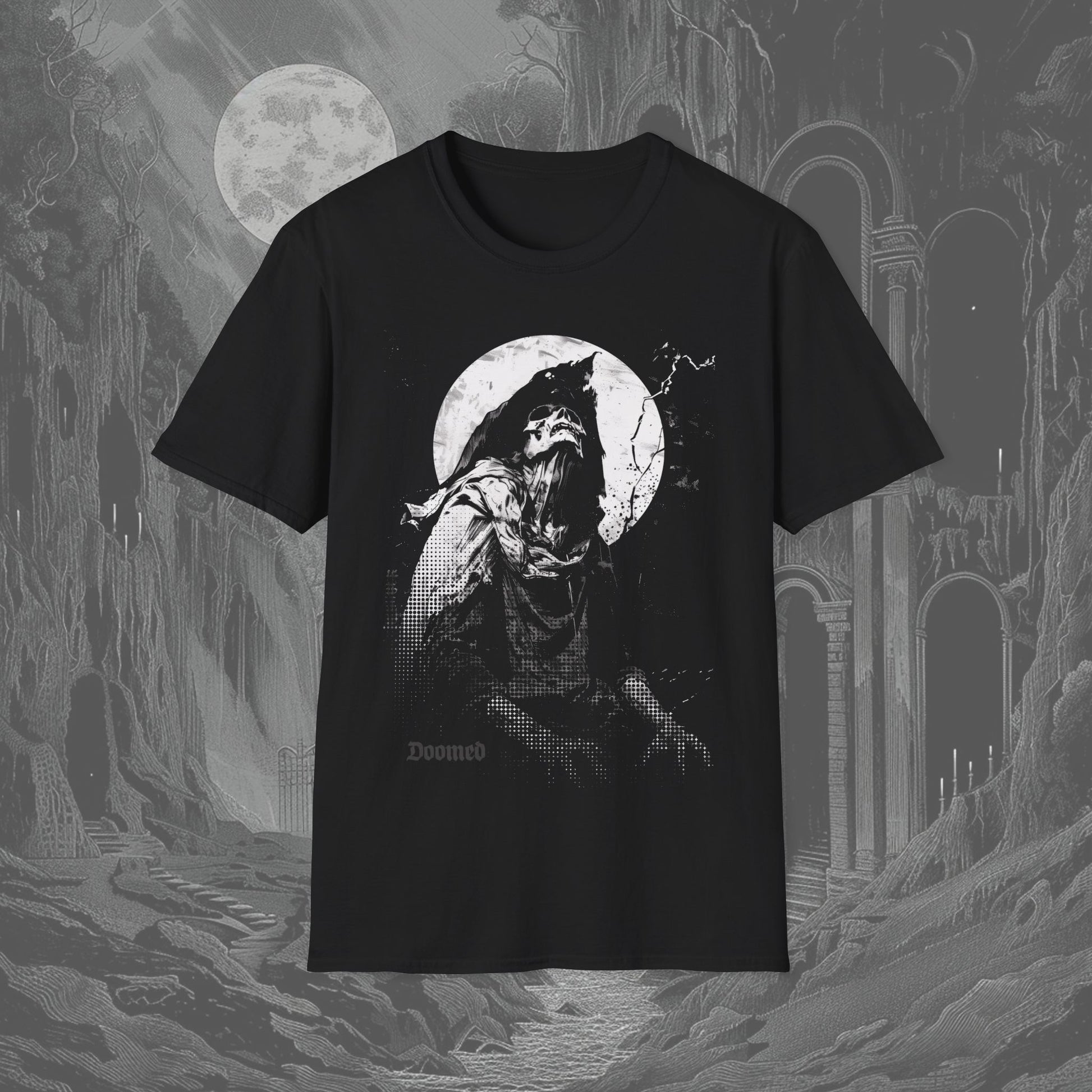 Skull t shirt with a Skeleton figure in tattered robes, gazing up in despair at a full moon with the word "Doomed" written at the bottom of the black t-shirt