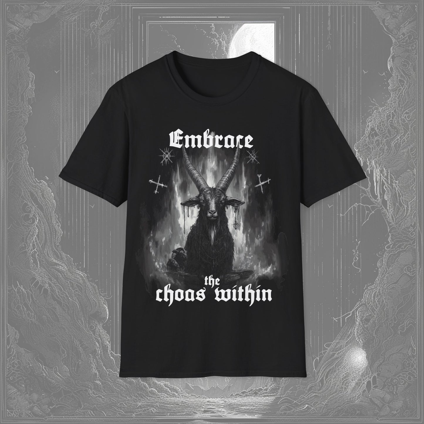 Black gothic tee with Baphomet graphic design and “Embrace the Chaos Within” text, perfect for those embracing their shadow self and the chaos within.