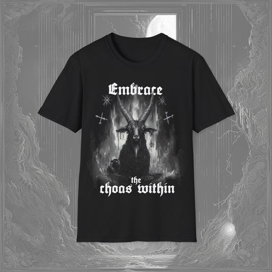 Black gothic tee with Baphomet graphic design and “Embrace the Chaos Within” text, perfect for those embracing their shadow self and the chaos within.