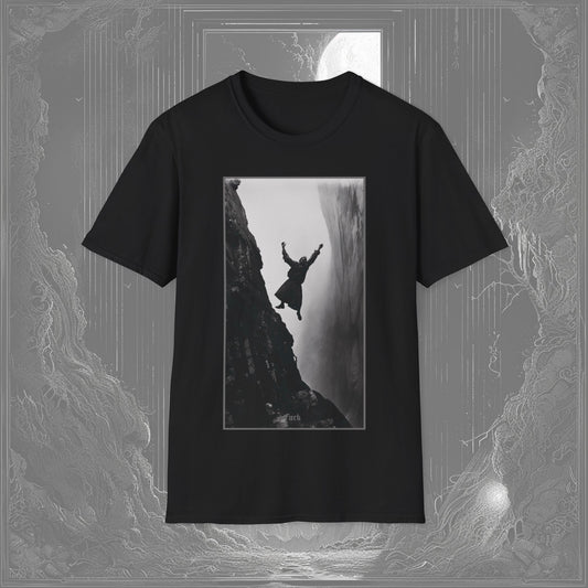 Black creepy tee off a person falling off a cliff with the text 'F***' at the bottom on a black t-shirt