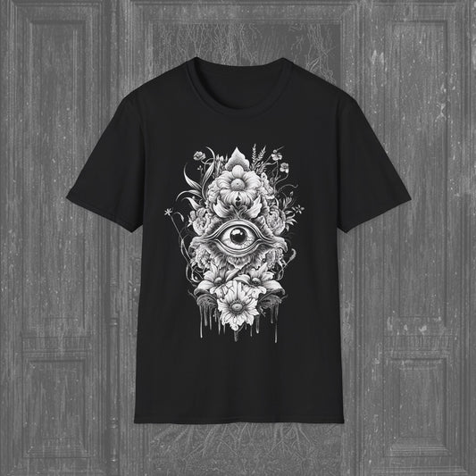 Graphic of a symmetrical flower design with an eye at the center on a black t-shirt.