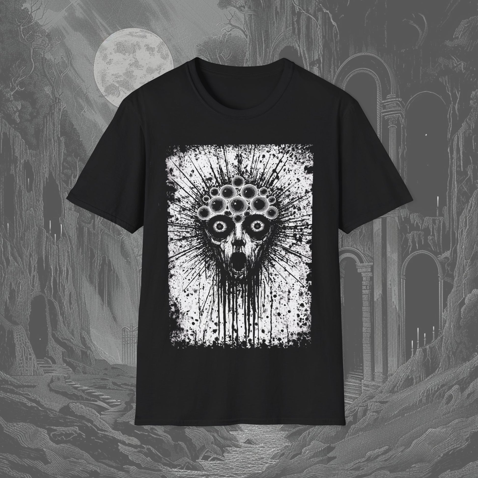 Black Creepy tee with a disturbing face and hundreds of eyes, unsettling and designed for horror fans and goths alike