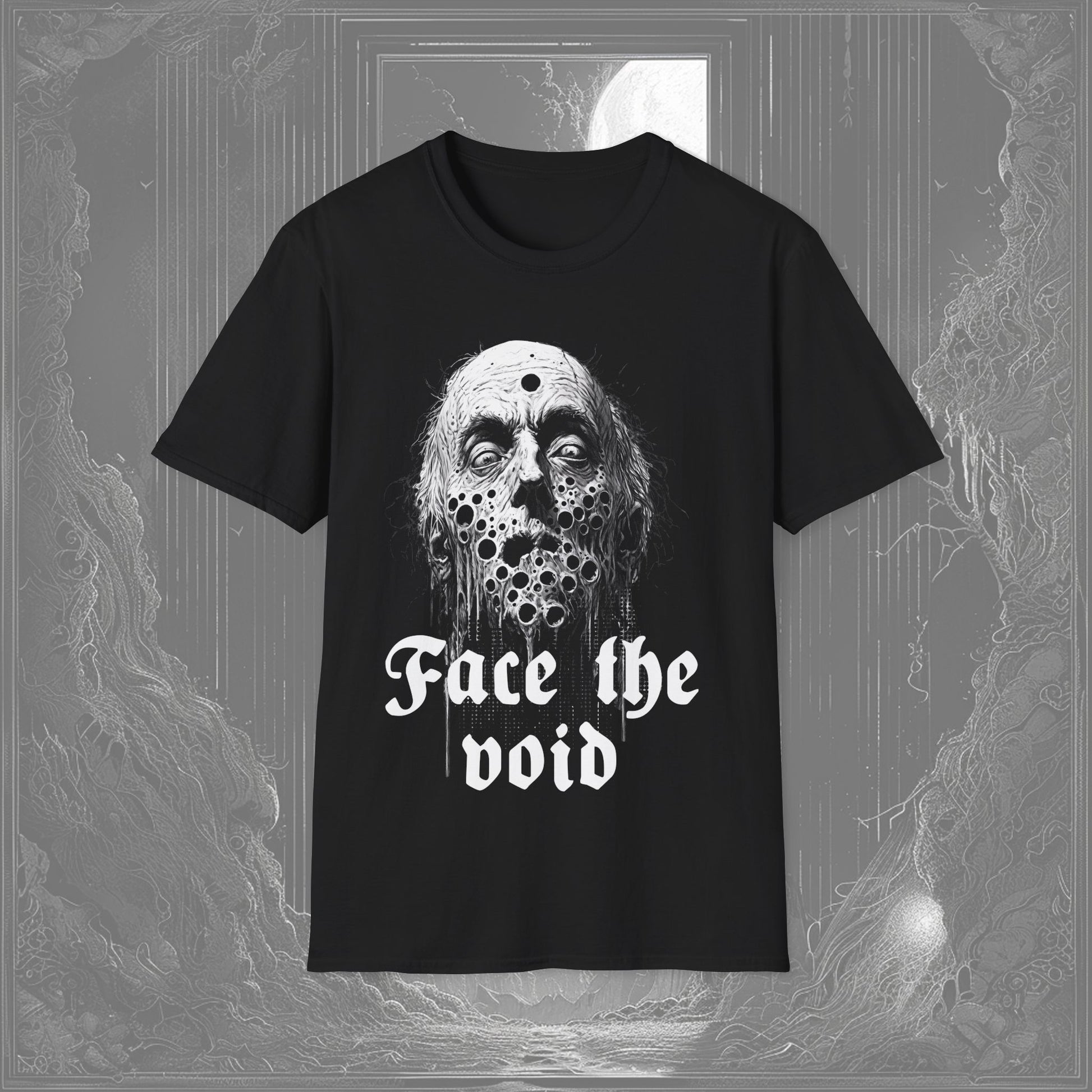 Creepy graphic tee of a face with thousands of holes, over a text that says "Face the Void", printed on a black tee.