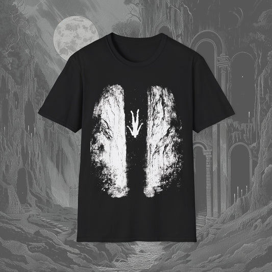 Black t-shirt featuring the profile of a man falling through an endless precipice—a creepy graphic tee for those who aren’t afraid of falling into darkness