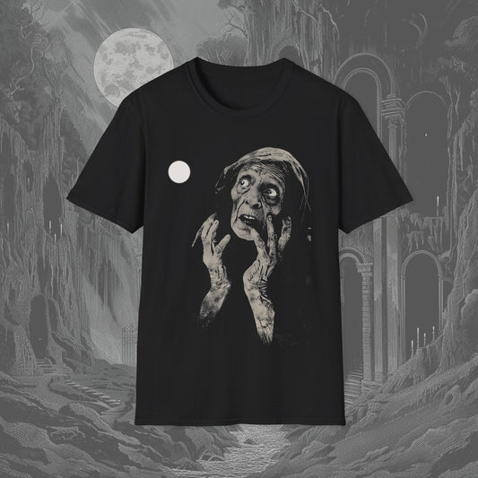 Black creepy t-shirt featuring an old, haggard witch looking up in horror at a blazing sun, her face etched with terror and mystery.