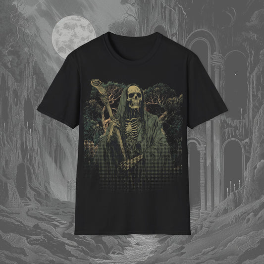 Creepy black tee with a grim reaper design, standing in front of bushy trees representing life—a perfect blend of death and life for fans of creepy style.