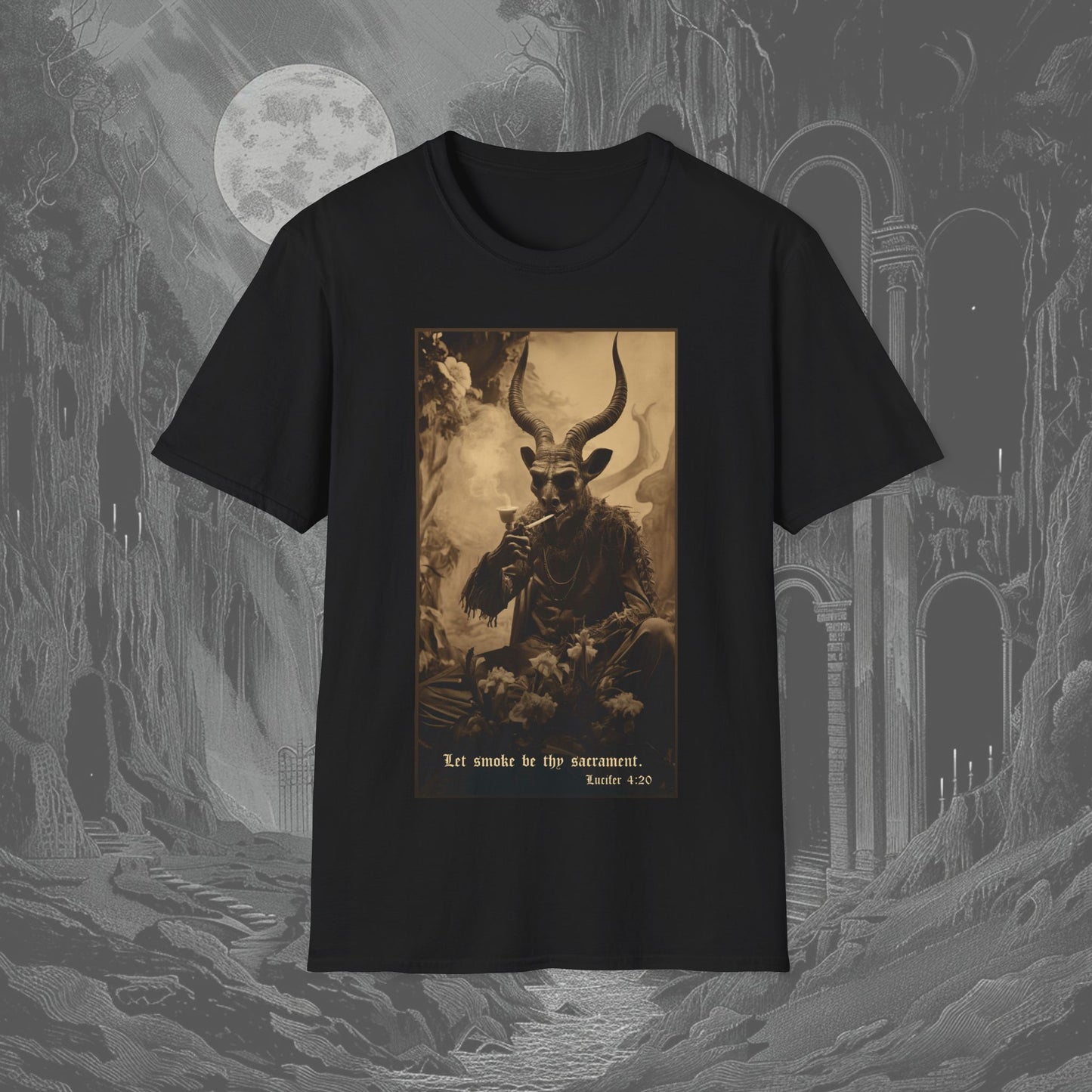 Black creepy tee featuring a graphic of Baphomet smoking a pipe with the quote 'Let the Smoke Be Thy Sacrament'—perfect for fans of satanic imagery.