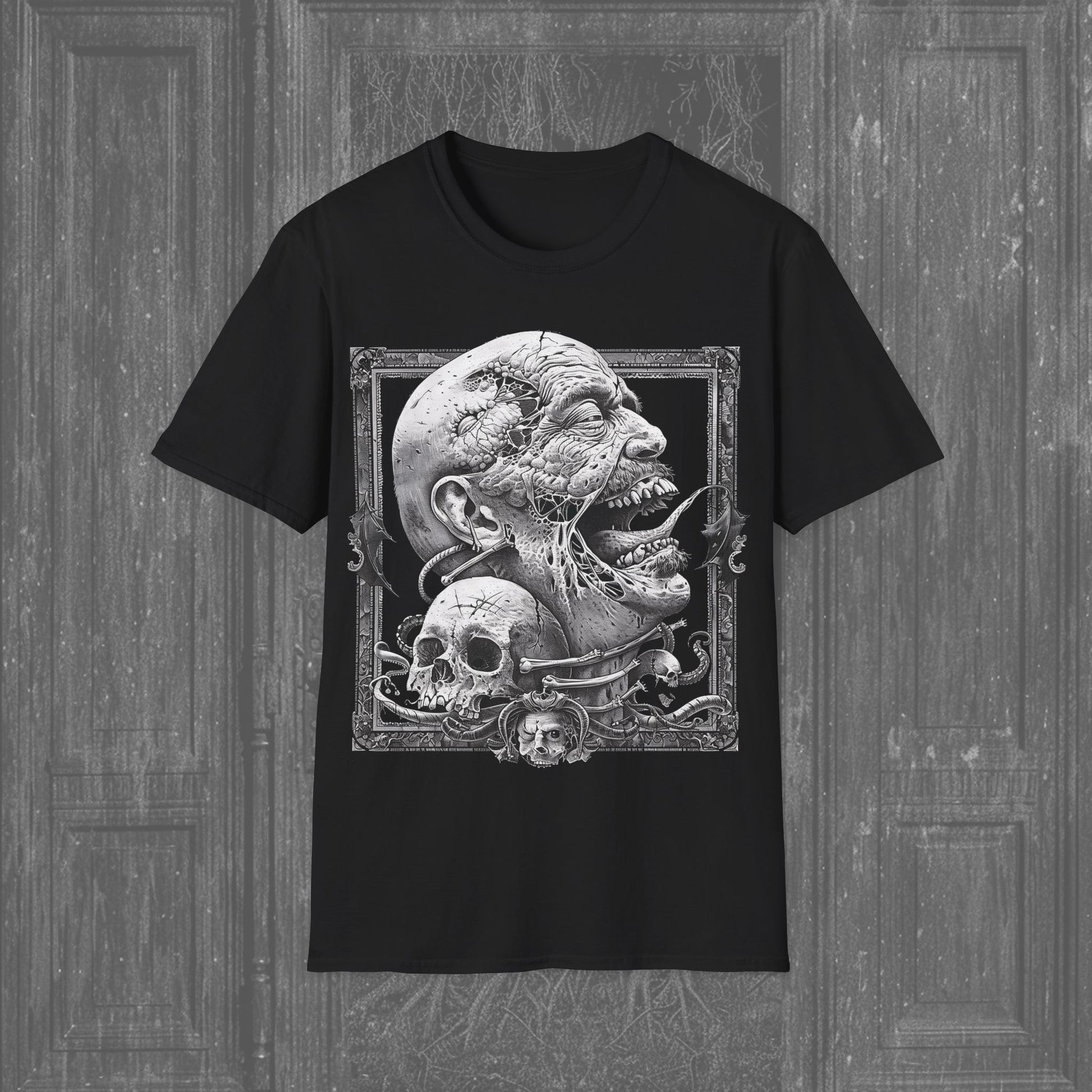 Black t-shirt featuring a grotesque head with a disgusting tongue framed by gothic details and a skull—ideal for fans of horror graphic tees