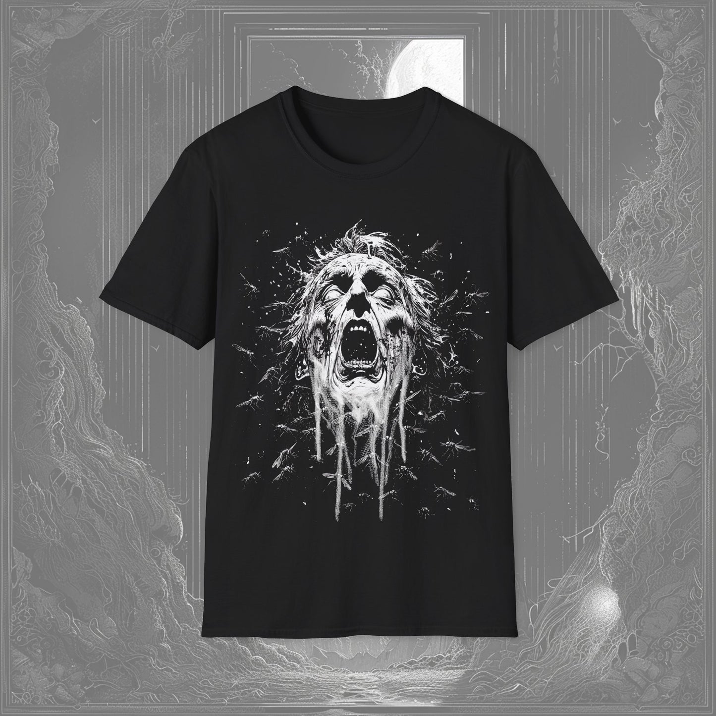 Black t-shirt featuring a screaming, decaying man surrounded by buzzing insects in a surreal, horror graphic design—perfect for creepy t-shirt enthusiasts