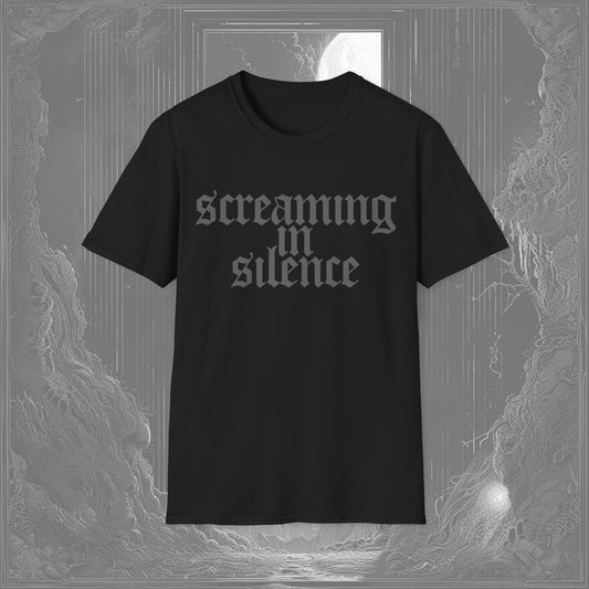 Black t-shirt with gothic grey lettering that reads 'Screaming in Silence,' blending minimalist style with creepy tee shirt allure for fans of gothic graphic tees.