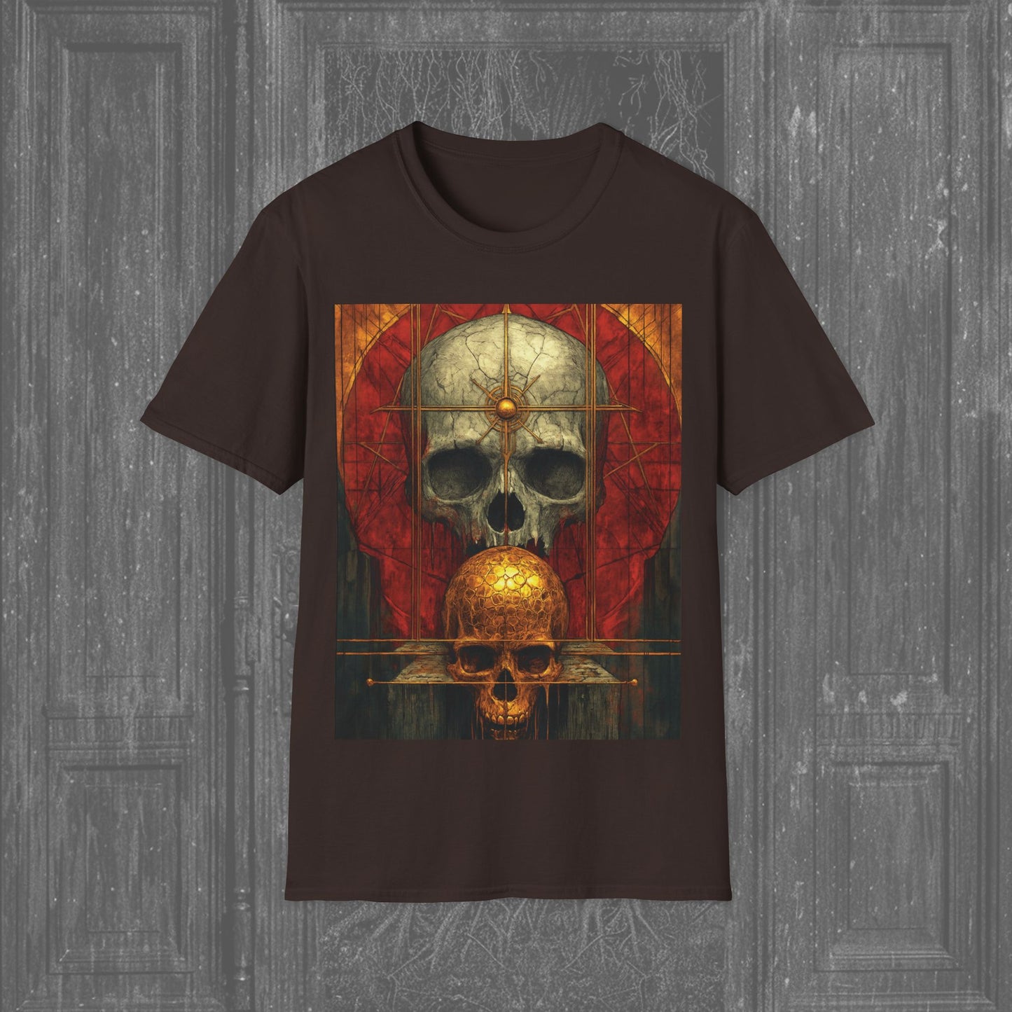 Brown t-shirt featuring a colorful shrine with a bronze skull, a gray skull with a star, and a red circle—a hauntingly beautiful gothic graphic tee