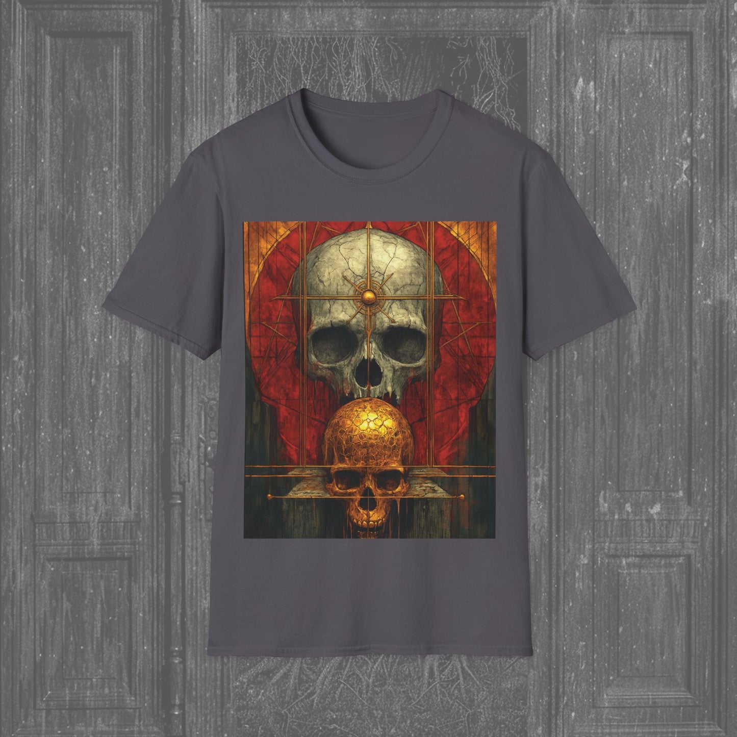 Charcoal t-shirt featuring a colorful shrine with a bronze skull, a gray skull with a star, and a red circle—a hauntingly beautiful gothic graphic tee