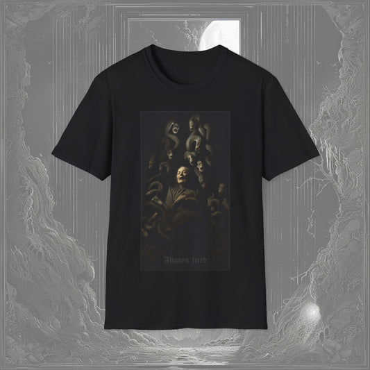 A woman sleeping among serpents with the text "Always Tired" at the bottom. The design features dark gothic imagery, perfect for lovers of creepy tees and horror fashion.