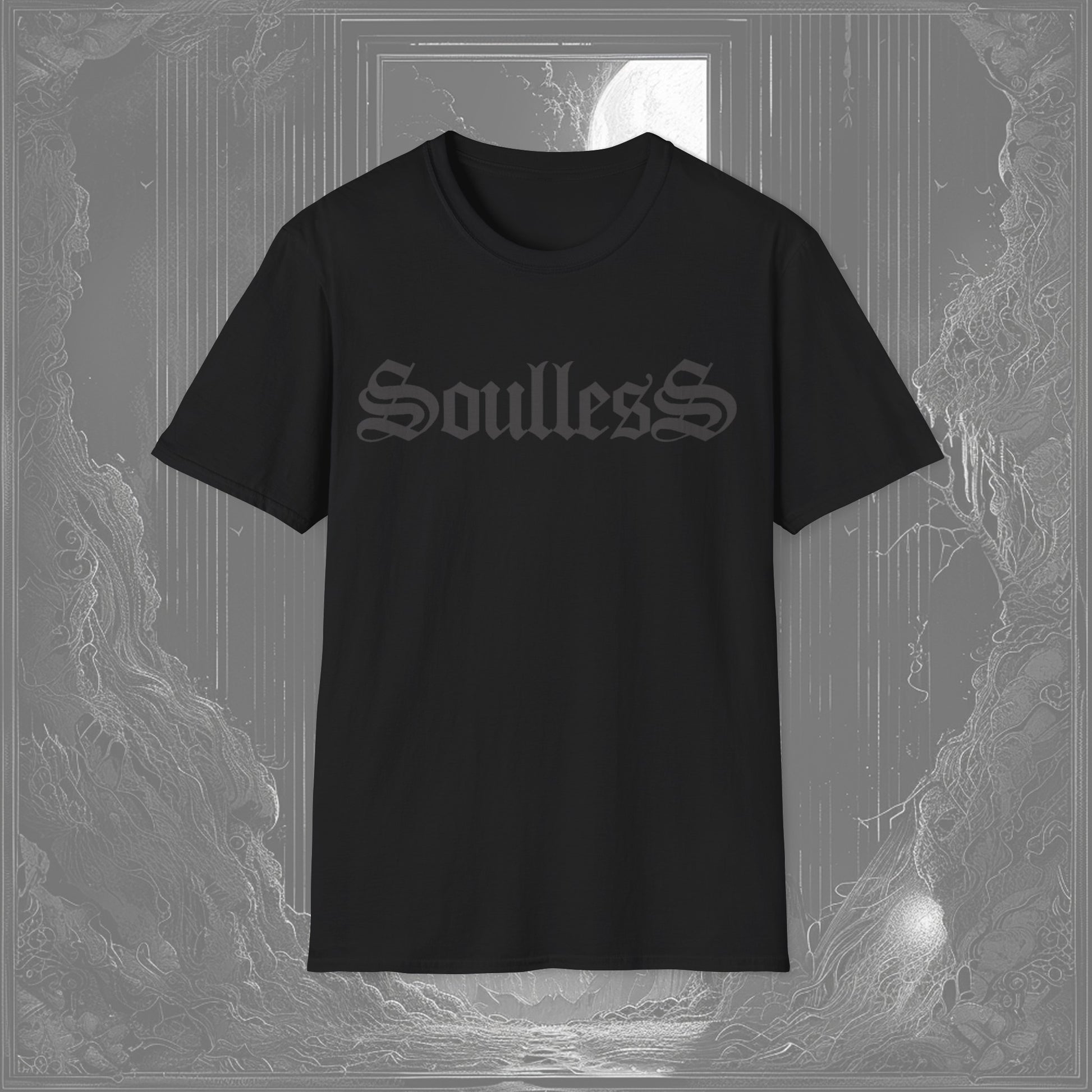 Black 'Soulless' gothic graphic t-shirt featuring eerie gray text, perfect for lovers of creepy tees, gothic aesthetics, and horror t-shirts