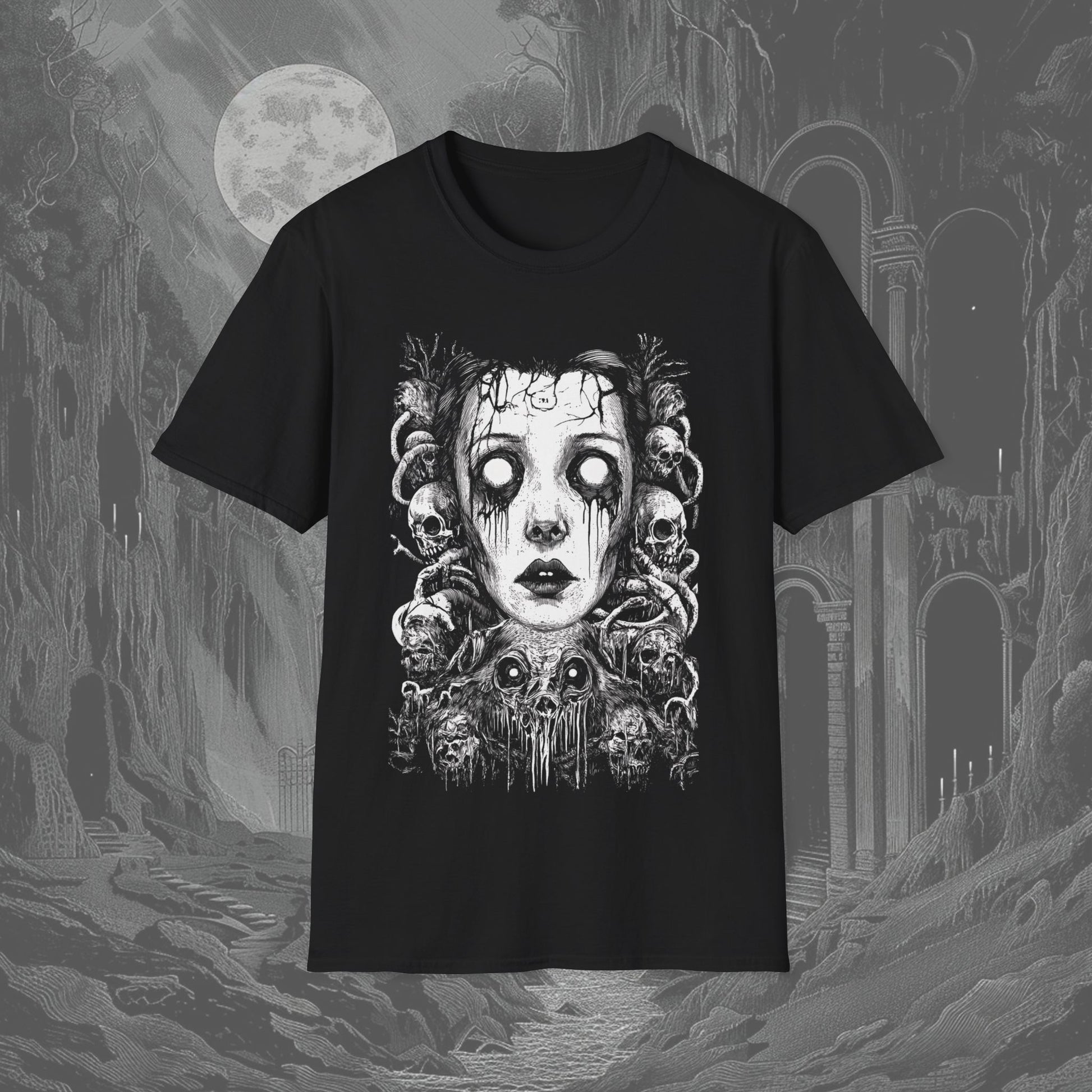 Stare of Obsession graphic tee featuring haunting eyes that pierce the soul—perfect for those who love scary t-shirts, occult apparel, and witchy tees