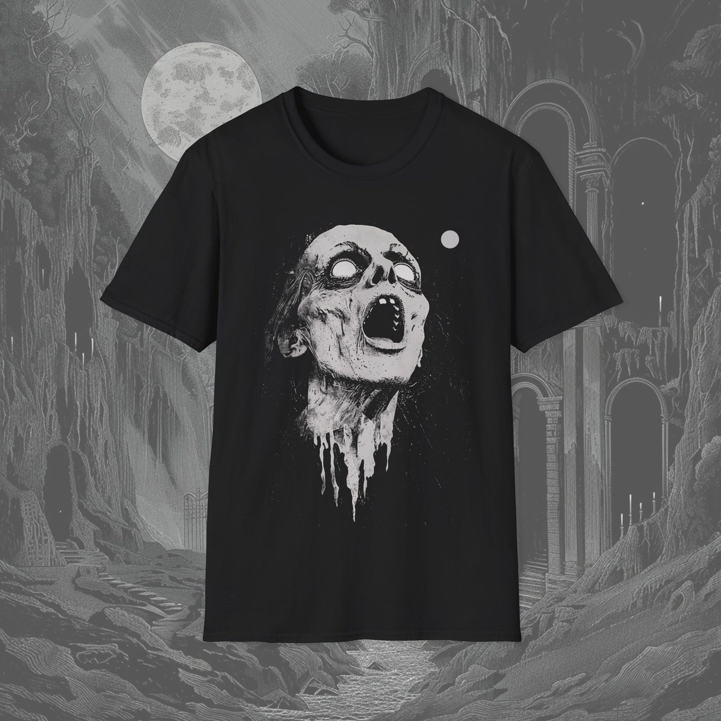 Black creepy t-shirt depicting a witch’s head melting under the sun, her face hauntingly deformed with hollow eyes and streaks of dripping flesh.