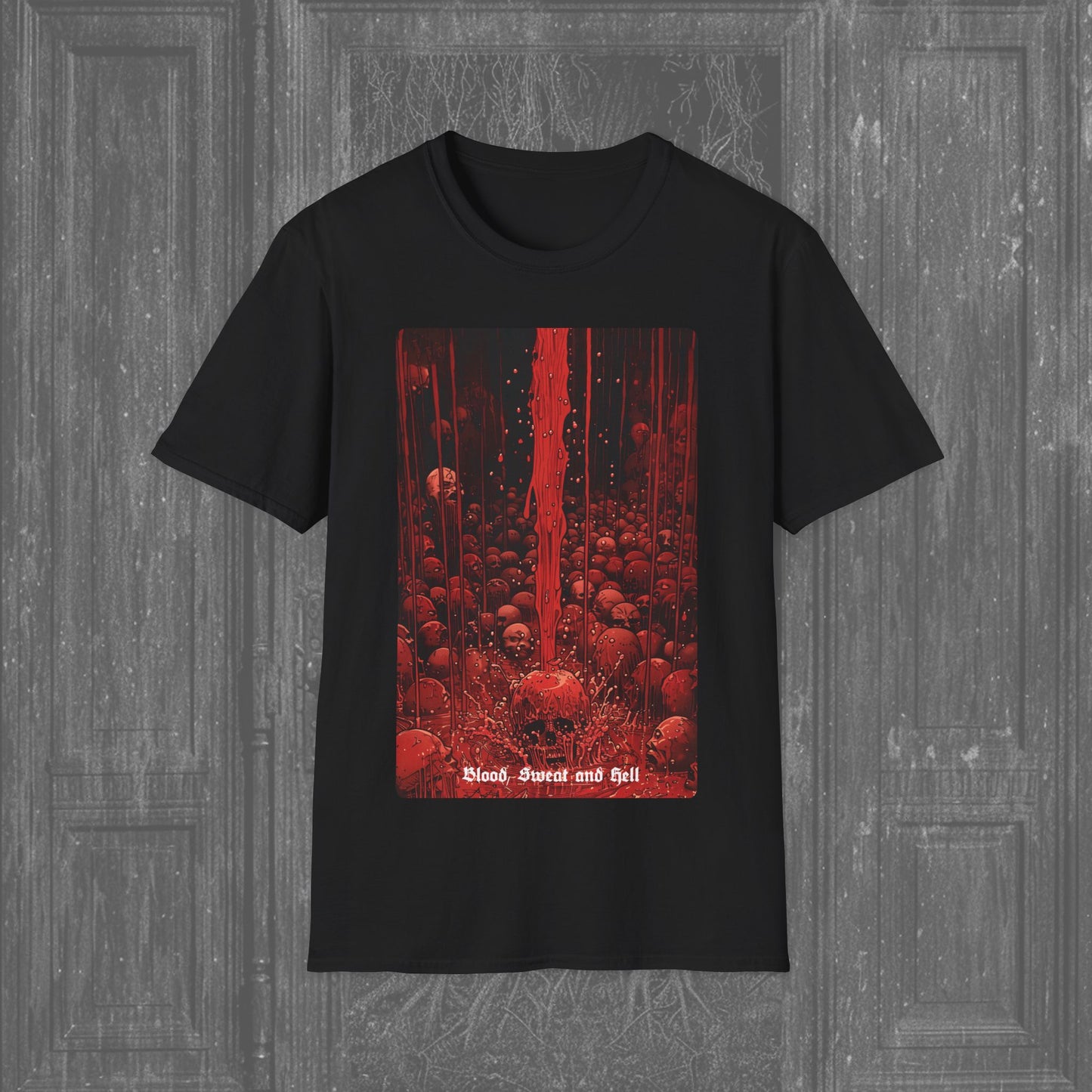 Black creepy t-shirt featuring a soul engulfed in a bloody waterfall, accompanied by the tagline 'Sweat, Blood, and Hell.' A powerful statement in gothic fashion.