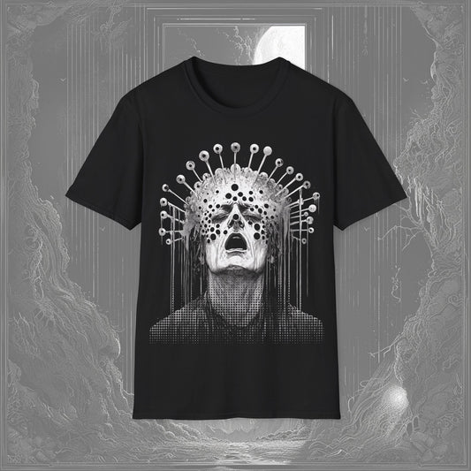 A truly disturbing creepy tee that will haunt your wardrobe. With a tortured face and organic crown, it's perfect for those who love unsettling beauty.