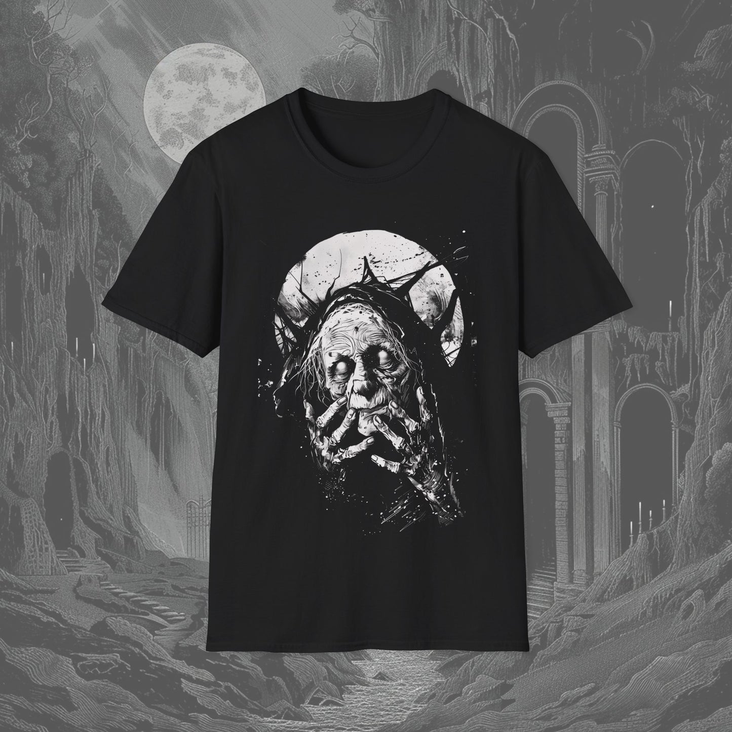 Monochromatic gothic t-shirt showing an ancient witch holding the moon, her hollow eyes inviting viewers to project meaning. Perfect for gothic and occult style lovers.