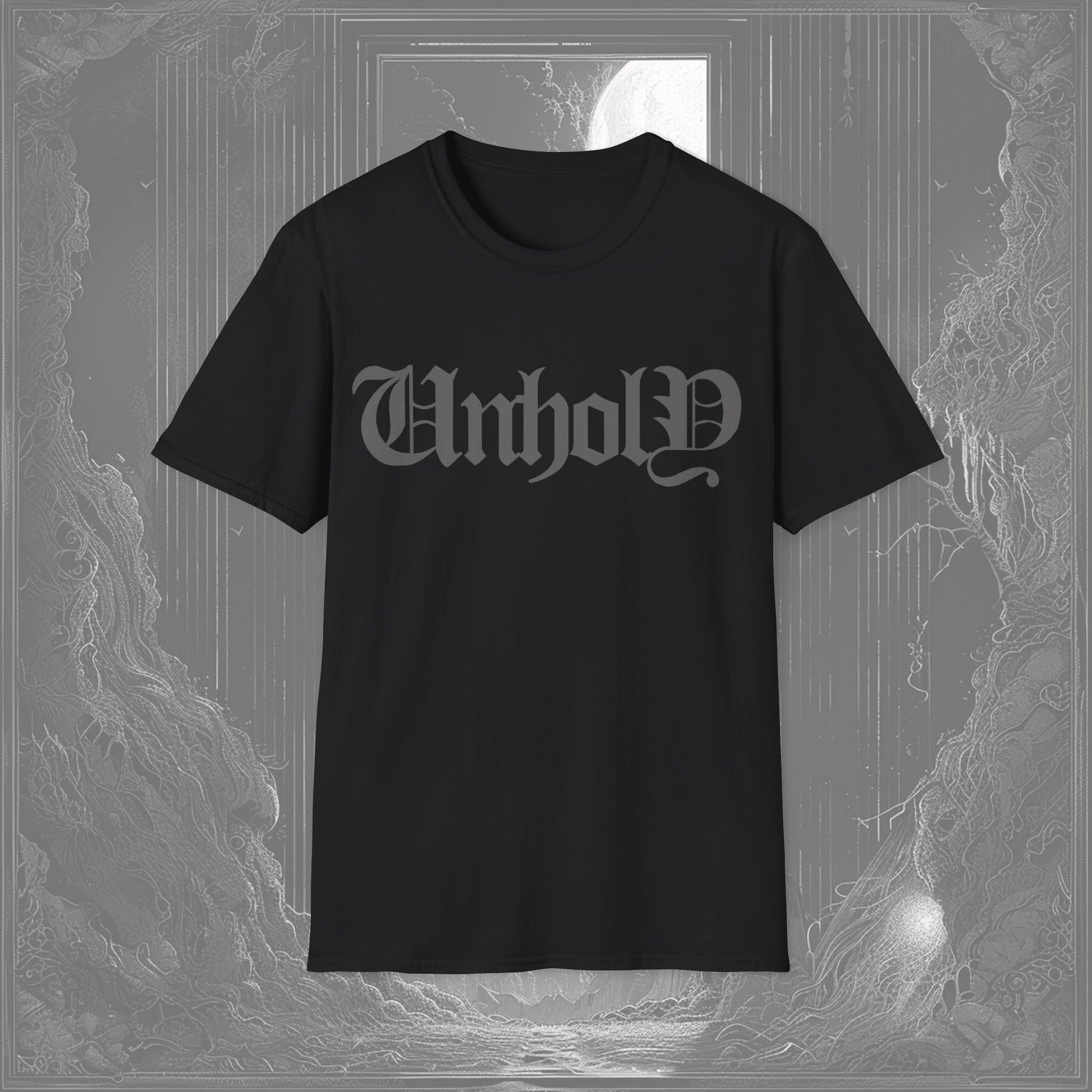 A black creepy t-shirt with "Unholy" written in gothic lettering across the chest, capturing a dark and rebellious essence for those who are into dark aesthetic