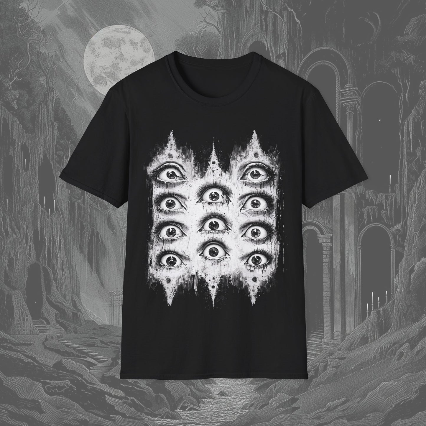 A creepy Black-and-white tee design of a wall of eyes, staring eerily on a black t-shirt