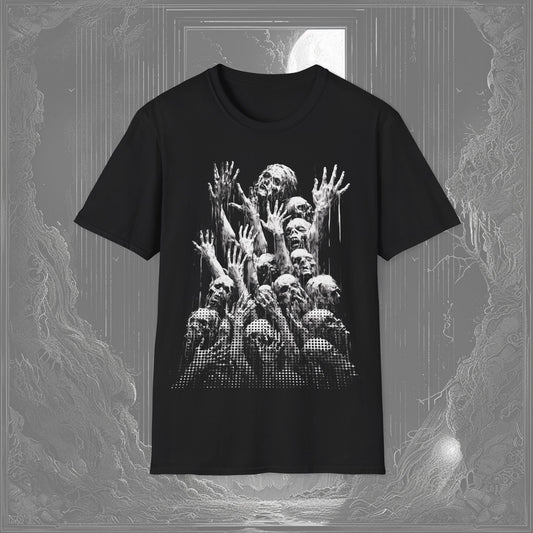 Black gothic t-shirt featuring a haunting design of melting figures forming a writhing hill, symbolizing decay and despair with the text "We Are Mud."