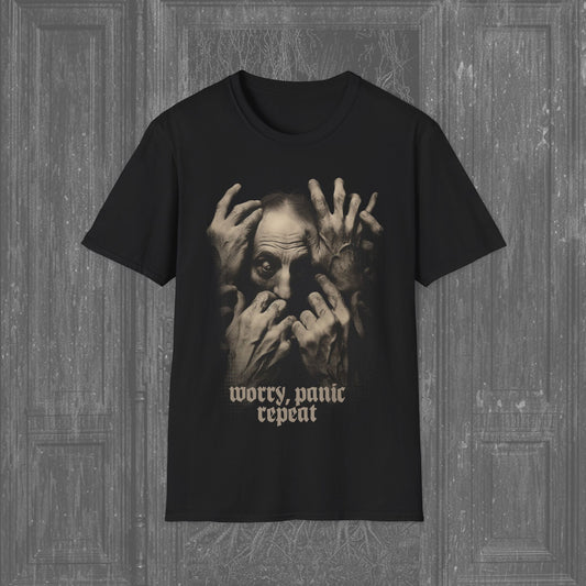 Black creepy t-shirt featuring a man clutching his face in despair, with the text 'Worry, Panic, Repeat' beneath. A haunting design perfect for dark, gothic fashion